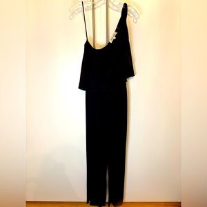 Rare Find! Diane von Furstenberg Black one shoulder Jumpsuit with satin ruffle
